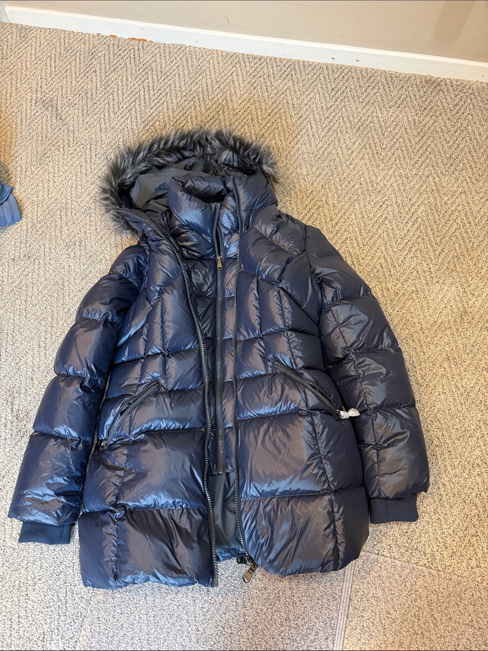Pajar Navy Quilted Down Ski Jacket with Faux Fur Hood
